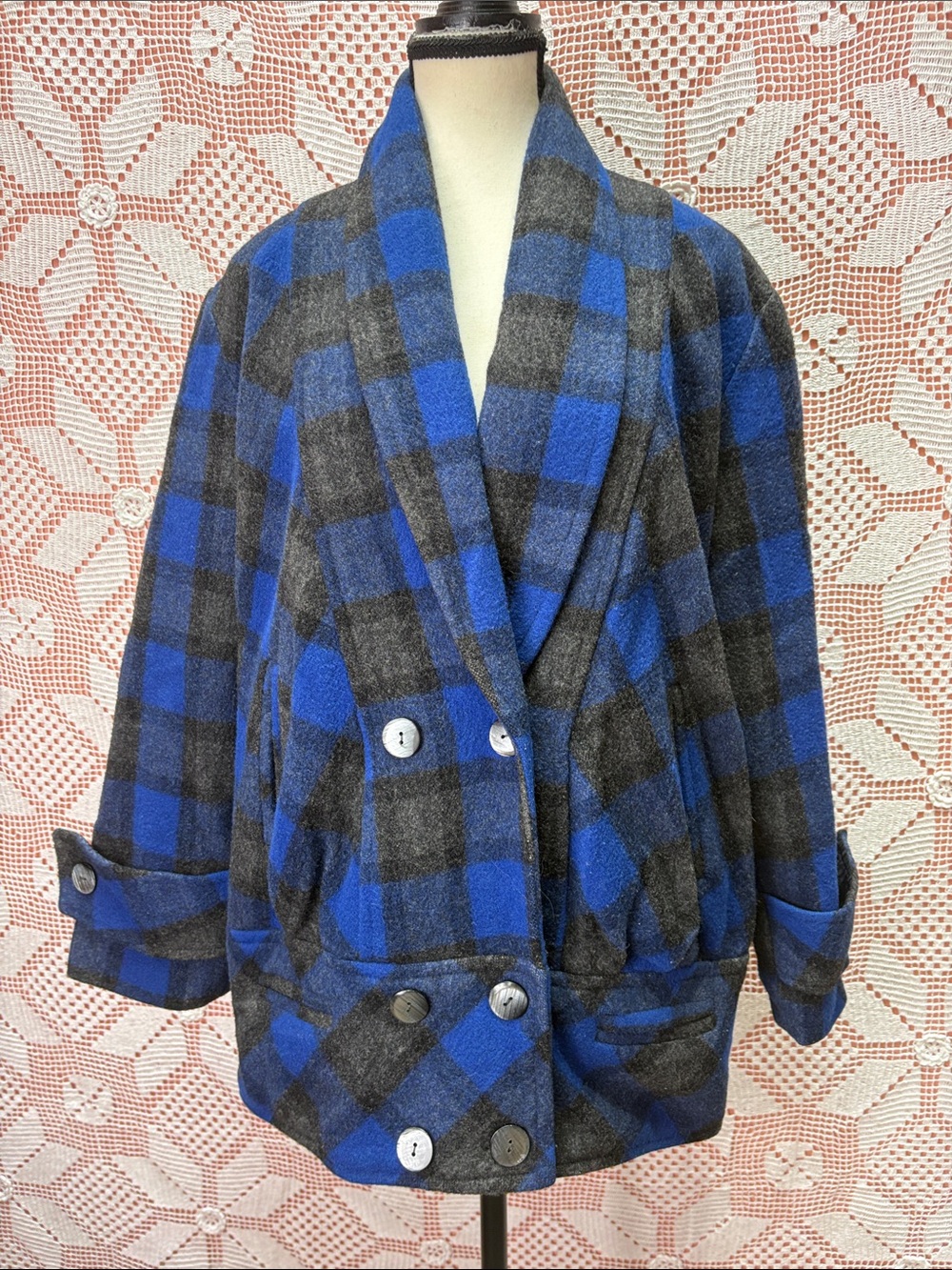 Vintage Hopwo Blue & Black Plaid Blazer – Size Small